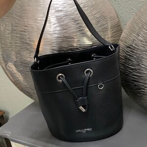 Karl Lagerfeld Black Leather Drawstring Bucket Hobo